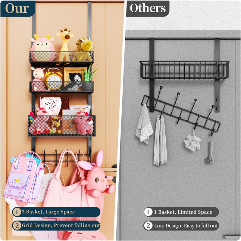 Consumest Over The Door Hooks Organizer - 4 Tier Door Coat Rack with 3 Baskets and 12 Hooks, Stainless Steel Towel Hanger for Bedroom, Bathroom, Living Room, Black - Image 3